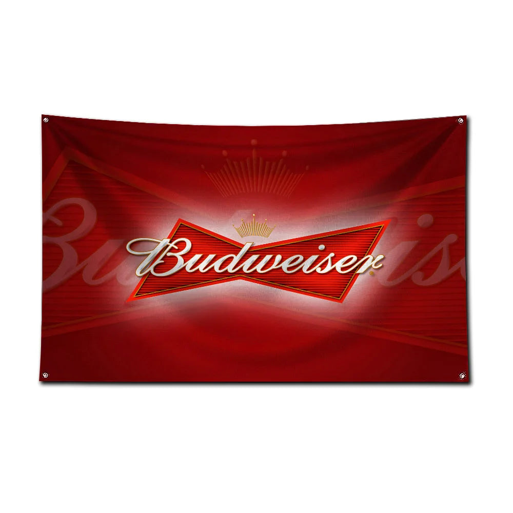 A red banner featuring a gold crown and the text Budweiser in stylized silver script.