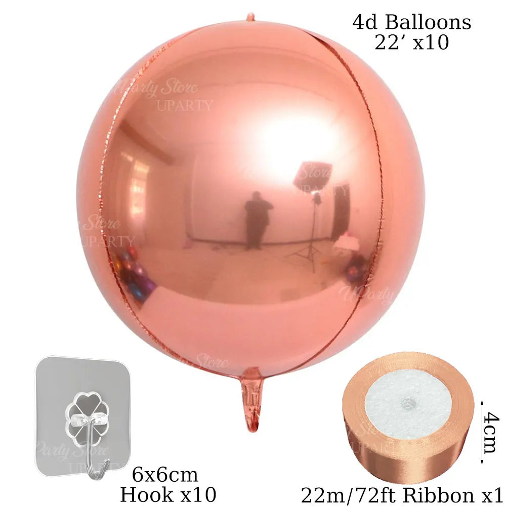 A pink 4D balloon is shown with a hook and ribbon, along with accessories for party decoration.