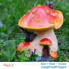 A resin garden statue of a bright orange and red mushroom house with a textured cap and small entrance.