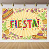 A vibrant Mexican carnival theme backdrop banner featuring colorful cacti, sombreros, and the text FIESTA!
