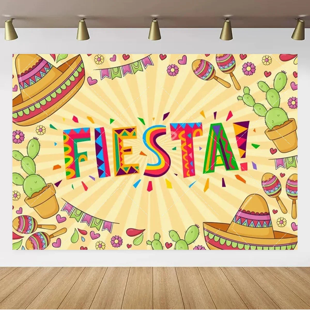 A vibrant Mexican carnival theme backdrop banner featuring colorful cacti, sombreros, and the text FIESTA!