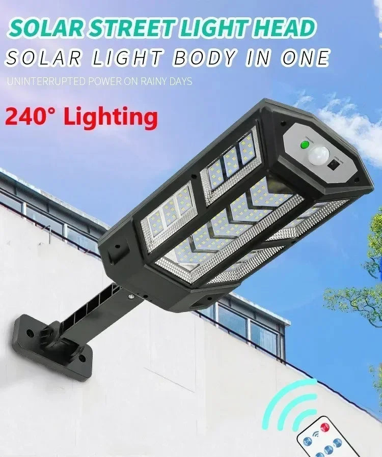 A black solar street light head with 240° lighting mounted on a white building exterior.