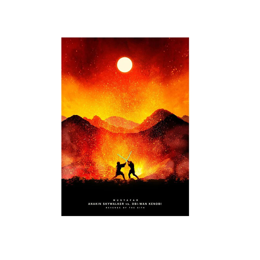 A dramatic canvas wall art depicting a fiery sunset with a bright sun and silhouetted figures against a mountain landscape.