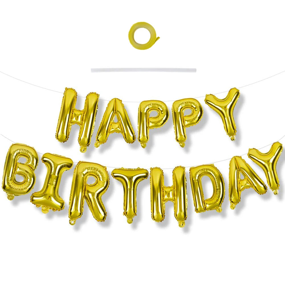 A string of gold foil balloons spelling out HAPPY BIRTHDAY for a celebration.