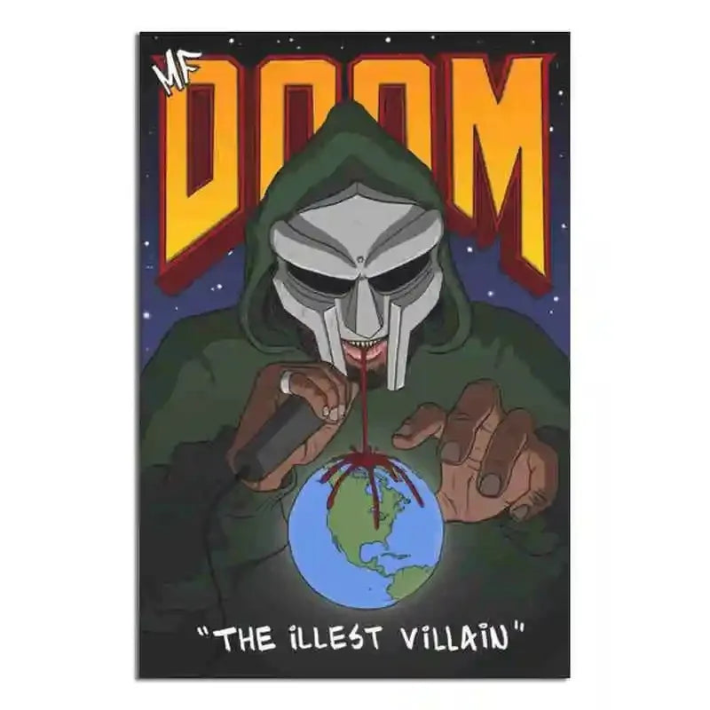 A poster featuring a menacing figure in a green hood and a skull mask holding a globe, titled The Illest Villain.