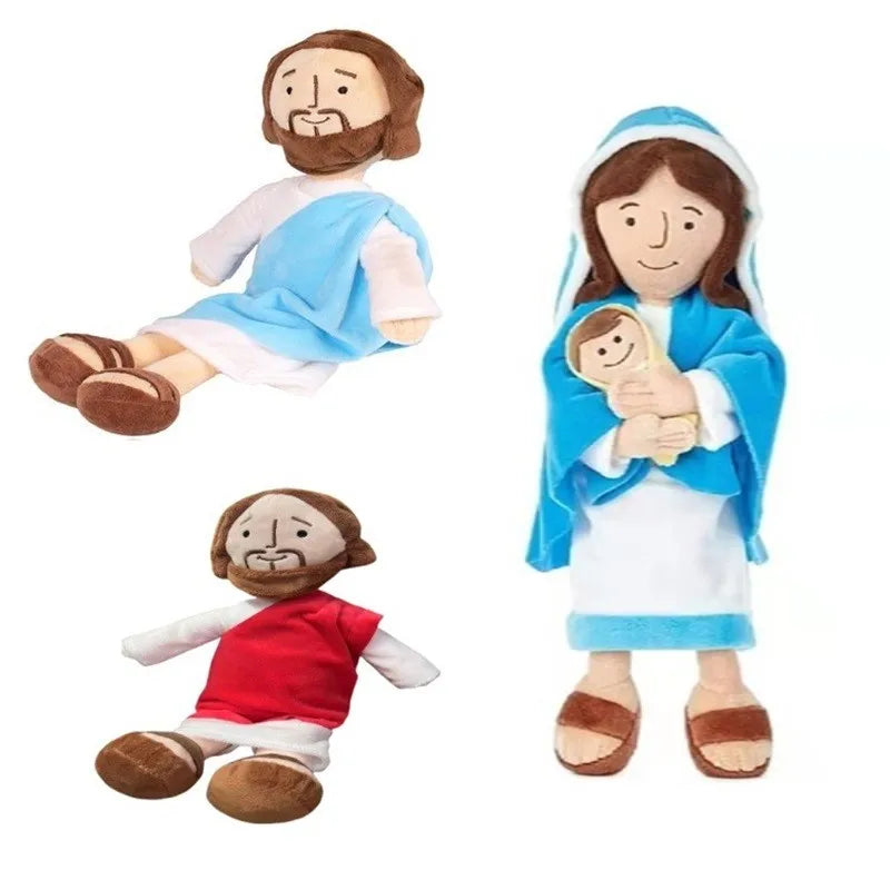 A plush toy set featuring Jesus, Mary, and a donkey.