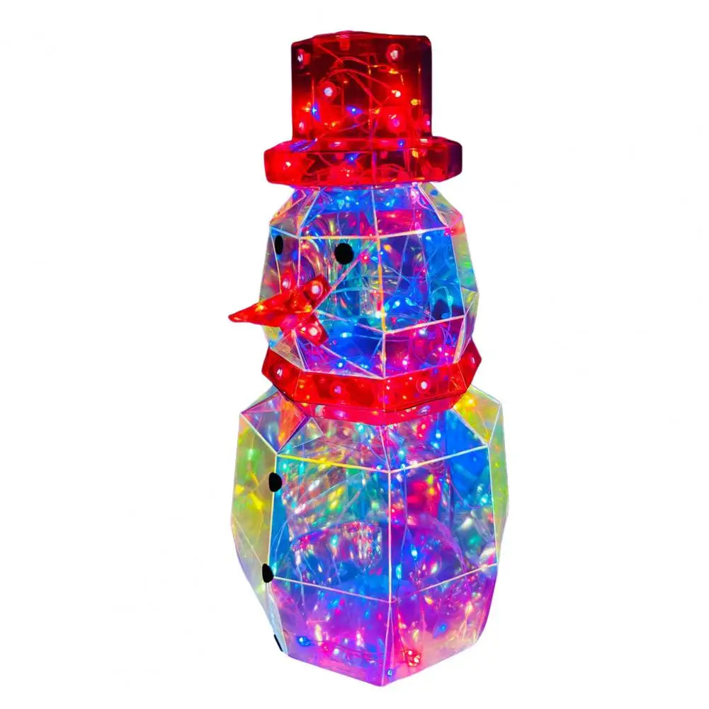A colorful prismatic LED snowman decoration with glowing lights.
