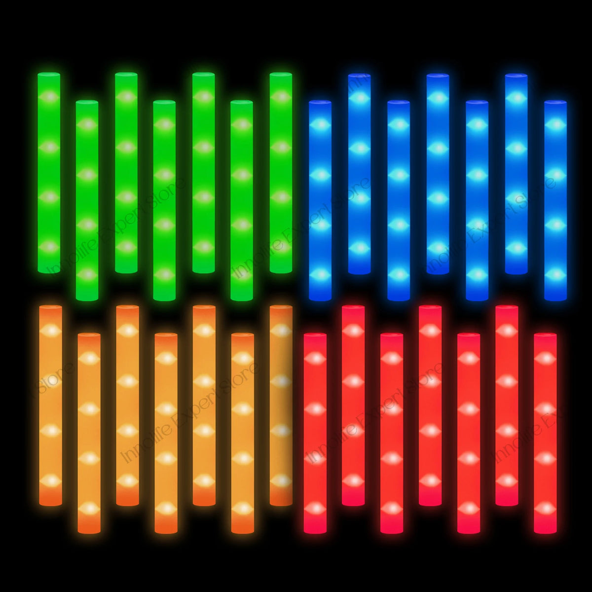 A row of glow sticks in green, blue, and red light modes.