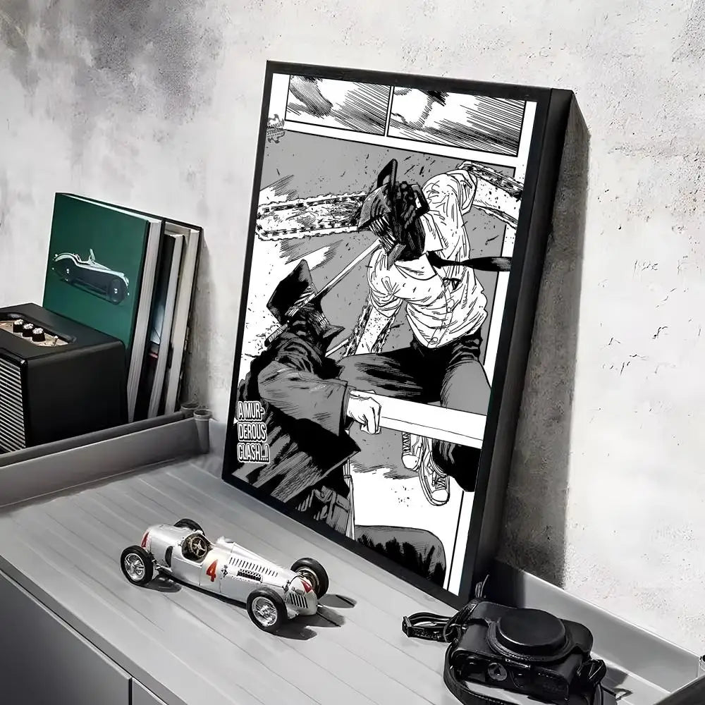 A framed piece of anime wall art featuring a dramatic scene with characters and chainsaws.