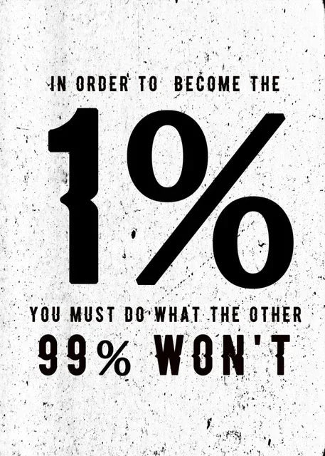 A black and white motivational quote print featuring the text IN ORDER TO BECOME THE 1% YOU MUST DO WHAT THE OTHER 99% WON'T