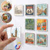 A collection of clear acrylic fridge magnets featuring landmarks, including the Roman Colosseum, Big Ben, and London skyline.