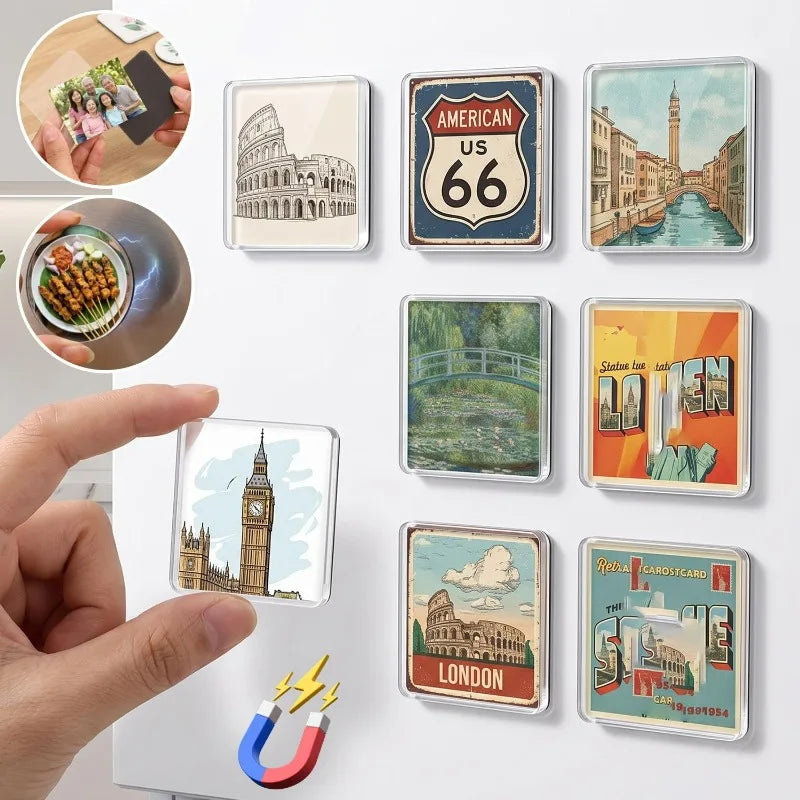 A collection of clear acrylic fridge magnets featuring landmarks, including the Roman Colosseum, Big Ben, and London skyline.