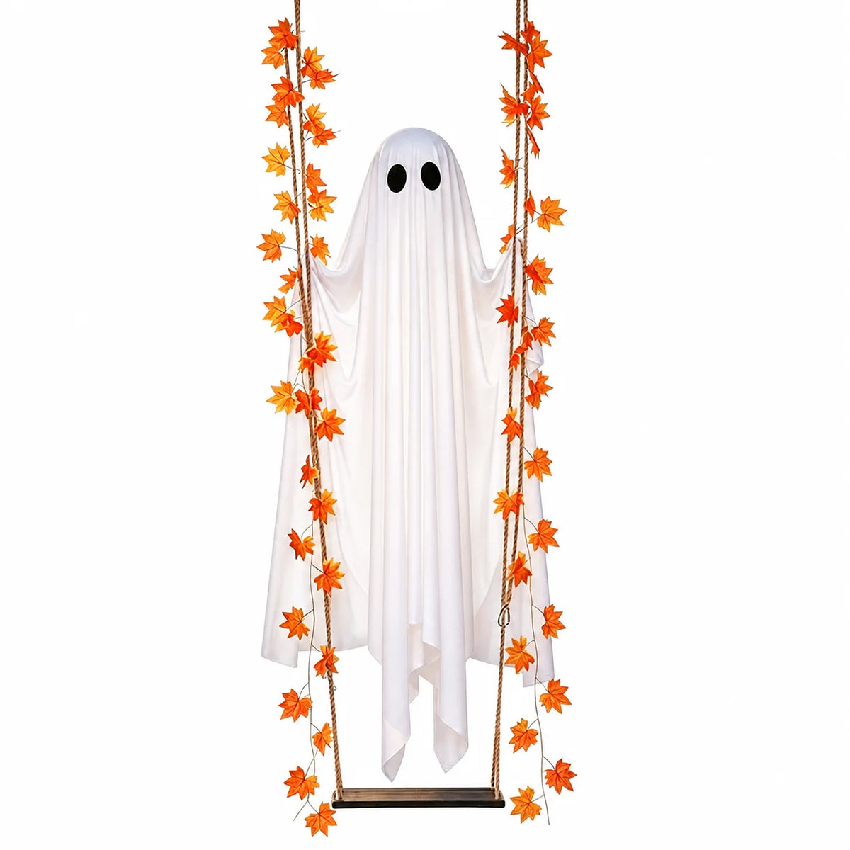 Decoración fantasma de tela blanca colgando con hojas de arce naranjas