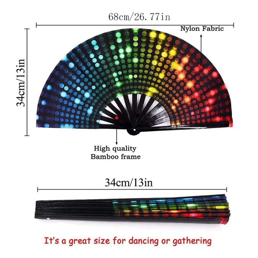 A black folding bamboo hand fan with a colorful, iridescent nylon fabric, shown in an open fan shape.
