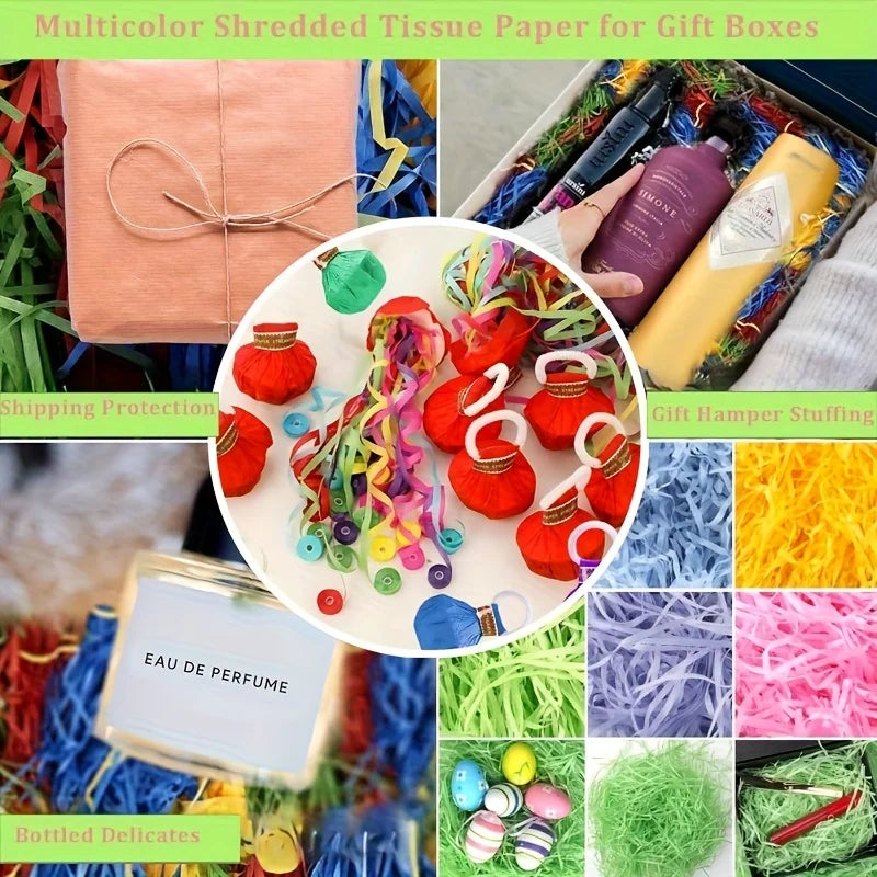 Mehrfarbiges zerfetztes Papiertuch für Geschenkboxen neben Parfümflaschen und Naturfasern.