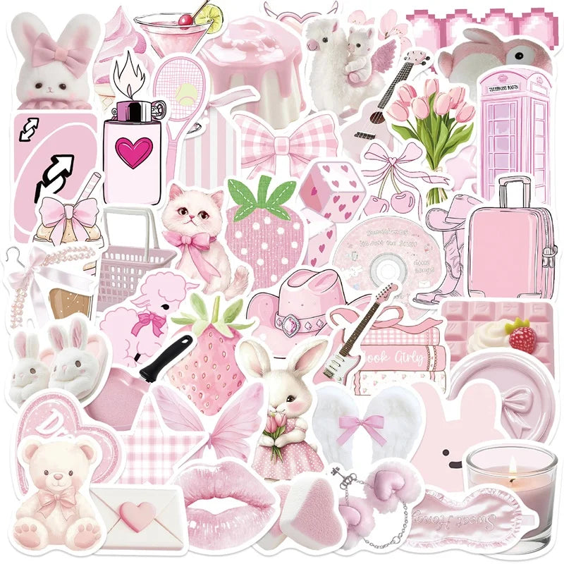 A collection of pink cartoon PVC stickers featuring various animals, hearts, and decorative elements for DIY crafting.