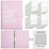 Pink envelope savings challenge planner with a leather cover and tracker sheet.