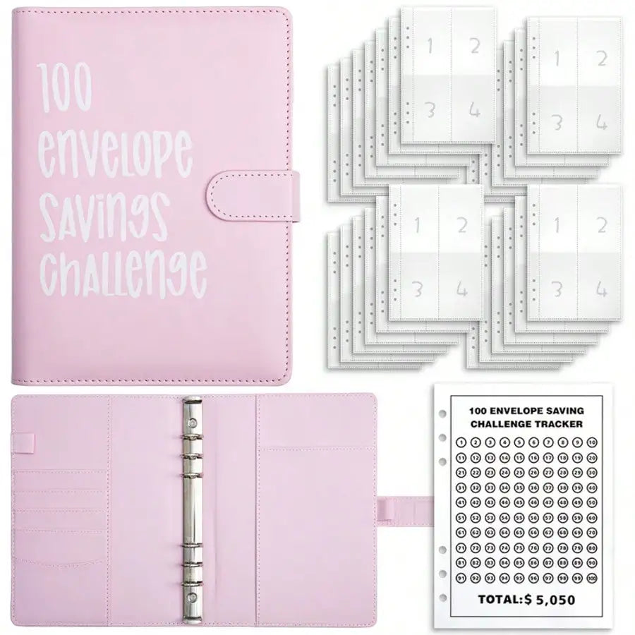 Pink envelope savings challenge planner with a leather cover and tracker sheet.