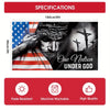 A dark banner featuring a Jesus silhouette and the text One Nation Under God with an American flag background.