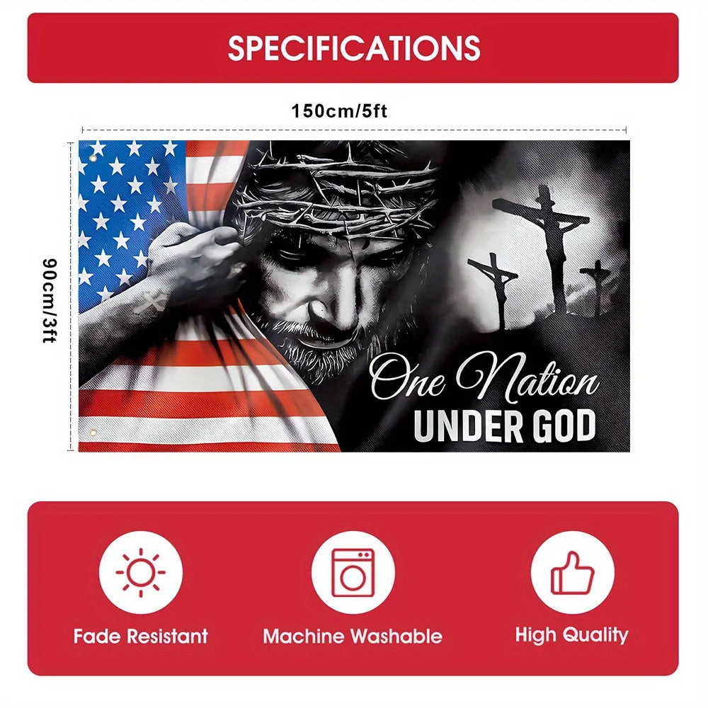 A dark banner featuring a Jesus silhouette and the text One Nation Under God with an American flag background.