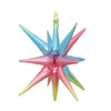 A cluster of star burst foil balloons in shades of blue, pink, and green.