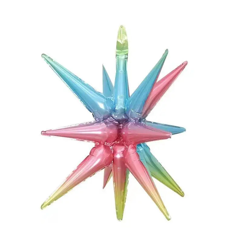 A cluster of star burst foil balloons in shades of blue, pink, and green.