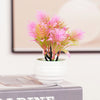 Mini plante bonsai artificielle rose vif dans un pot blanc, exposée sur une surface grise.