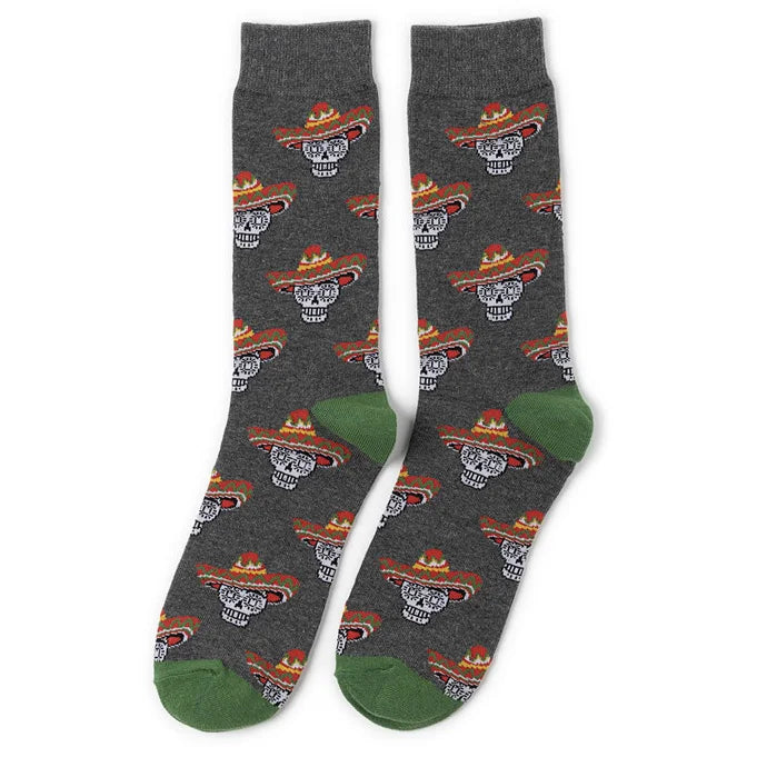 Gray crew socks featuring repeating patterns of skull, alien, and tiger prints.