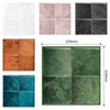 A set of four square peel and stick 3D marble tiles in various colors including white, pink, gray, orange, and teal.