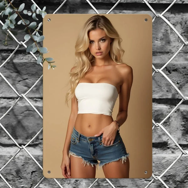 A blonde woman wearing a white strapless top and distressed denim shorts posing in front of a gray brick wall.