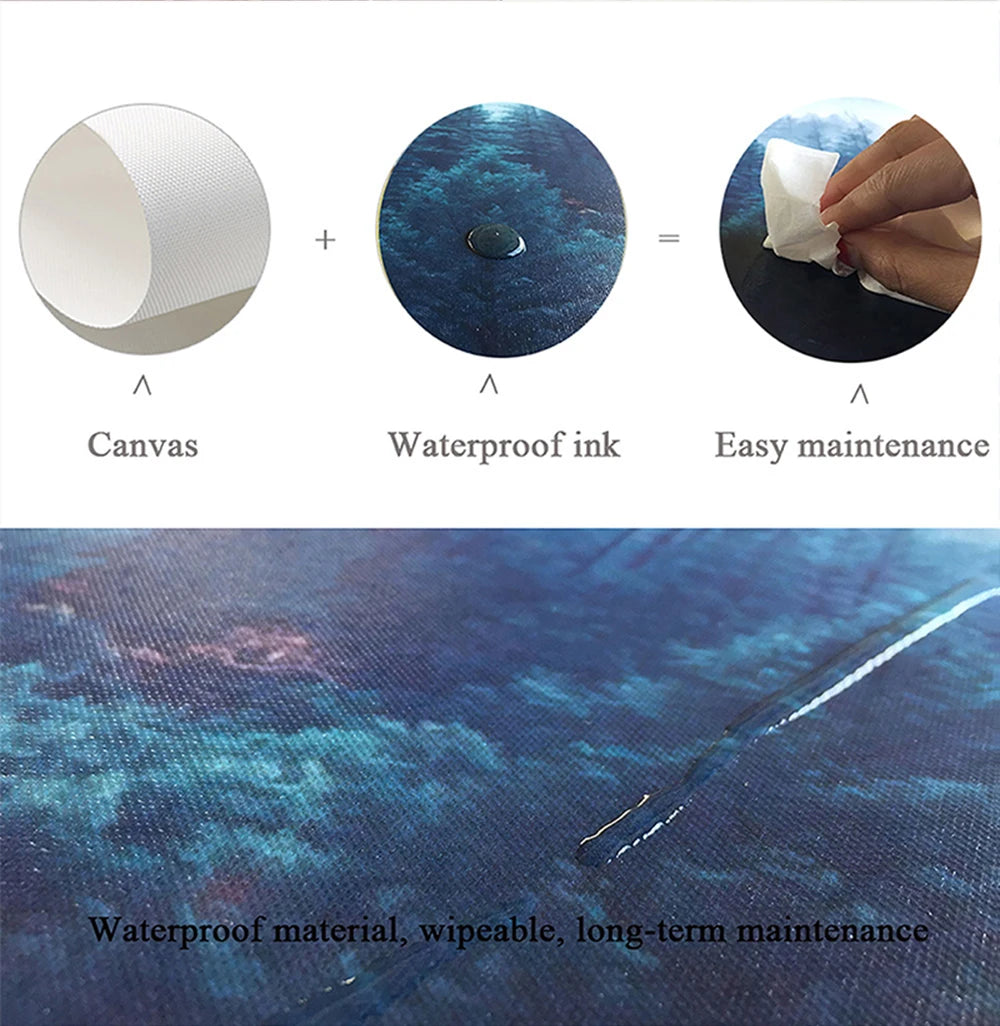 A canvas print featuring a waterproof ink design, demonstrating easy maintenance and long-term waterproofing.