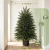 A tall artificial cedar topiary tree in a dark pot displayed indoors next to a white door.