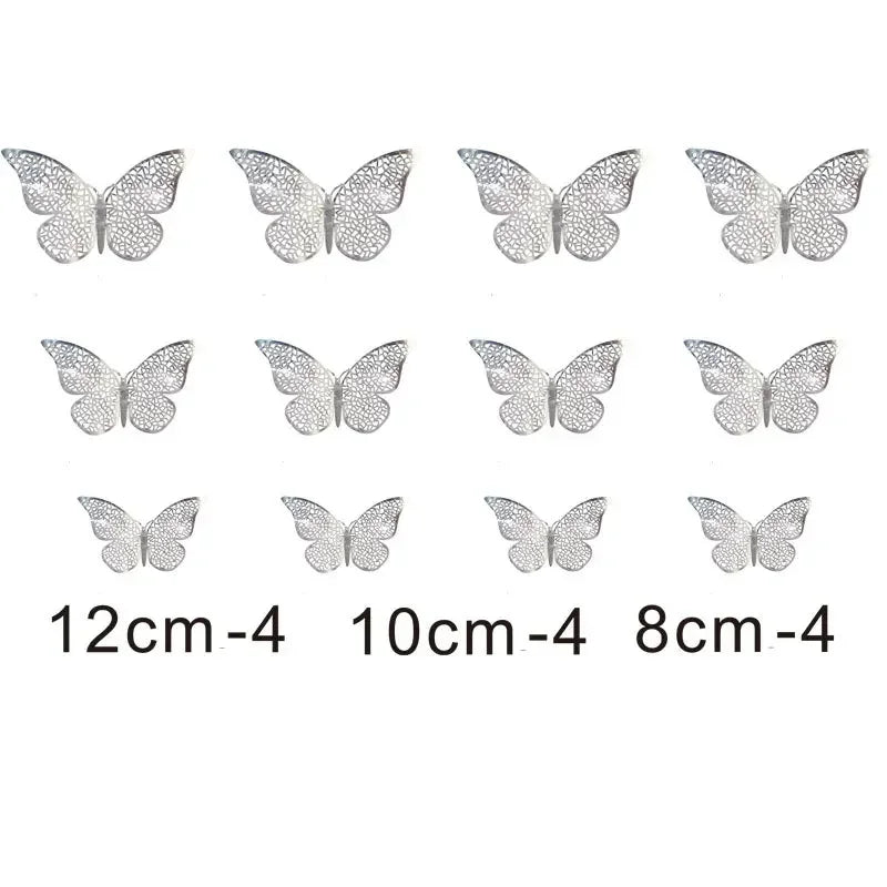 A set of four gold butterfly cake toppers in different sizes: 12cm, 10cm, and 8cm.