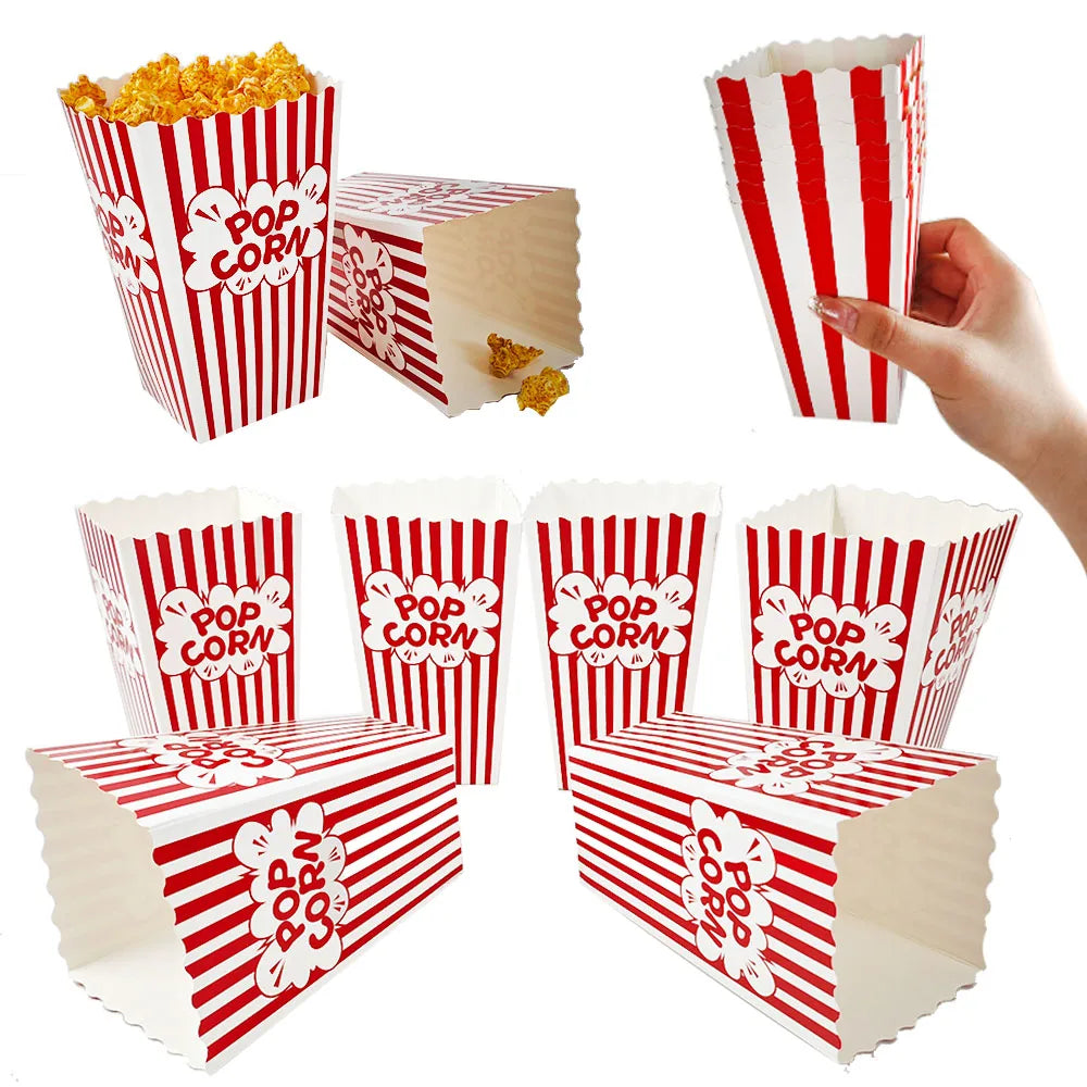 Red and white striped paper snack boxes for popcorn