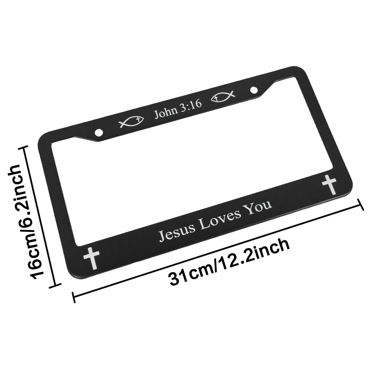 Black aluminum license plate frame with John 3:16 and Jesus Loves You engravings