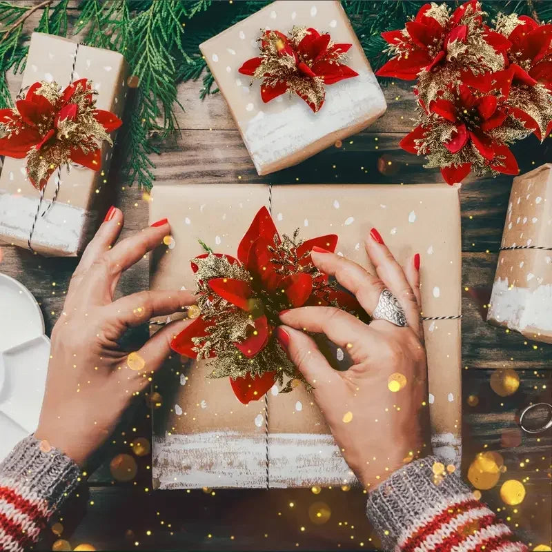 Glitter Christmas Flower Ornaments with Clips (Set of 5)