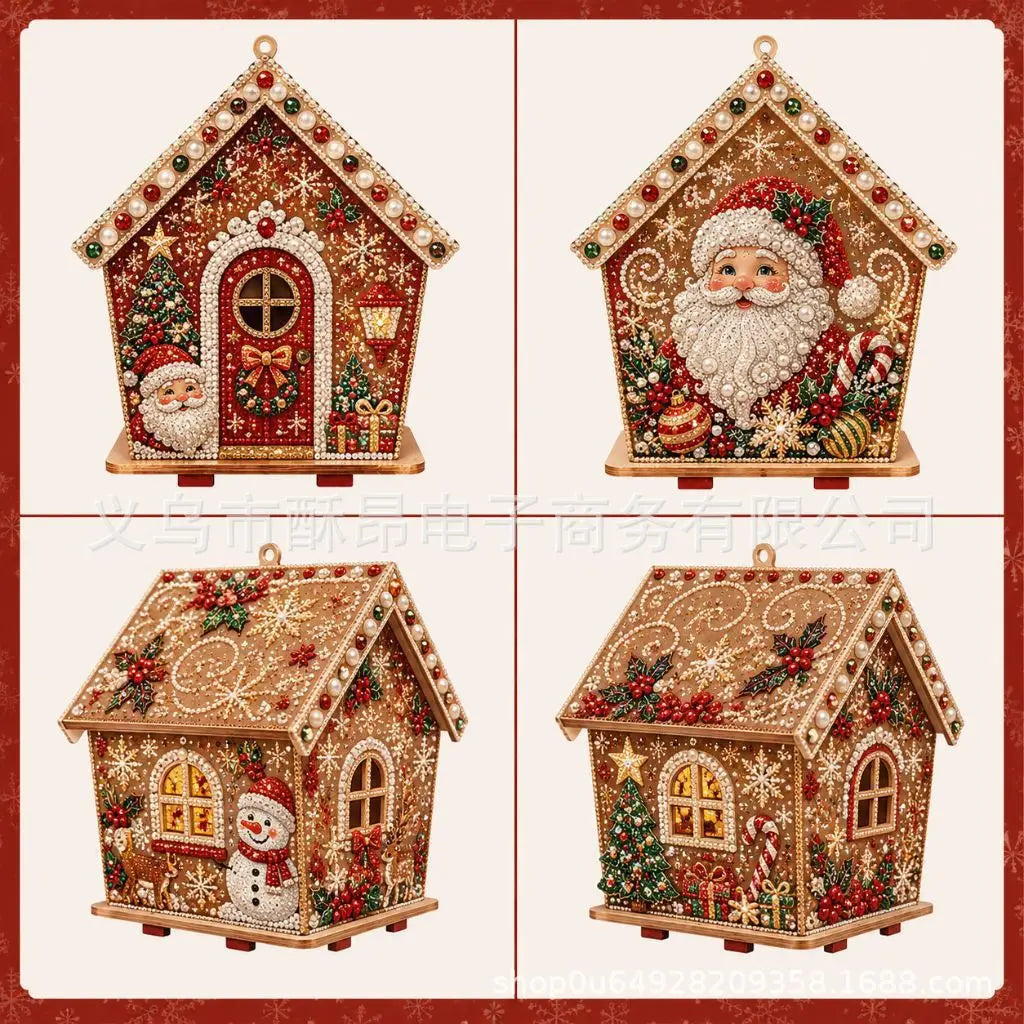 A detailed gingerbread house ornament kit featuring intricate diamond painting designs and festive decorations.