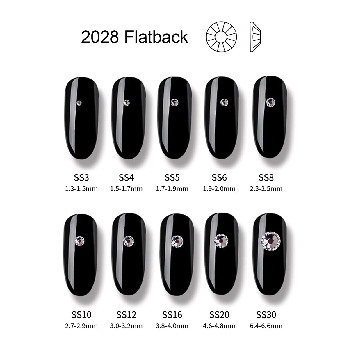 A display of various sized flatback nails in black, ranging from SS3 to SS30.