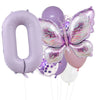 A set of purple butterfly foil balloons shaped like the number zero and various other balloon shapes.