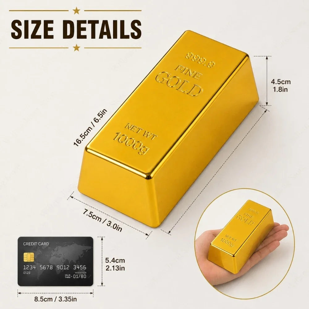 Peso de papel de barra de oro de plástico amarillo con detalles de tamaño y tarjeta de crédito para escala.