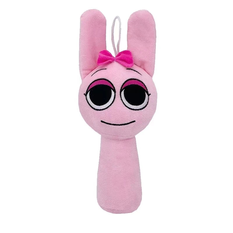 A pink collectible plush toy with long ears and a bow.