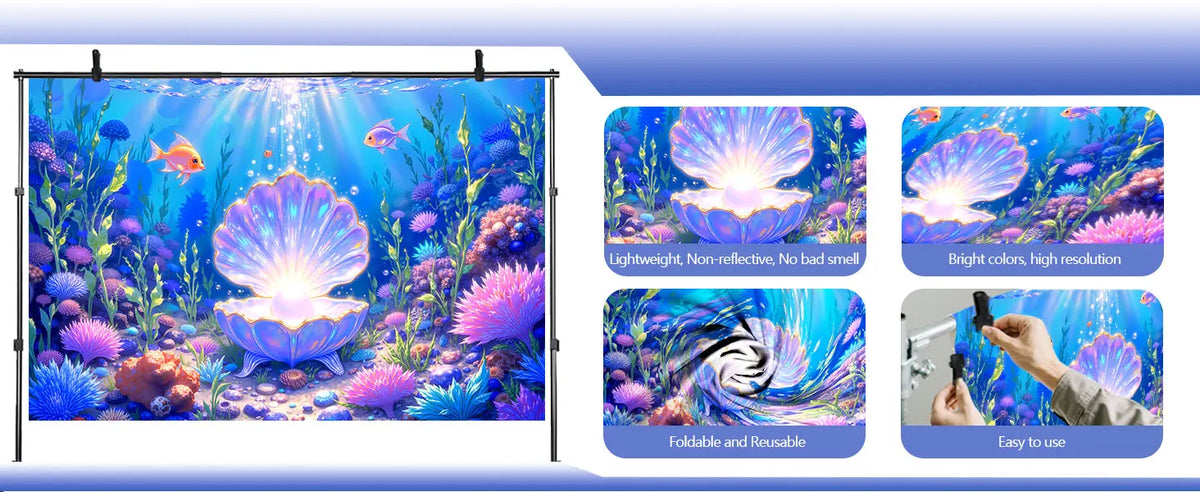 A photo backdrop featuring a vibrant underwater scene with colorful fish and sea flora for parties