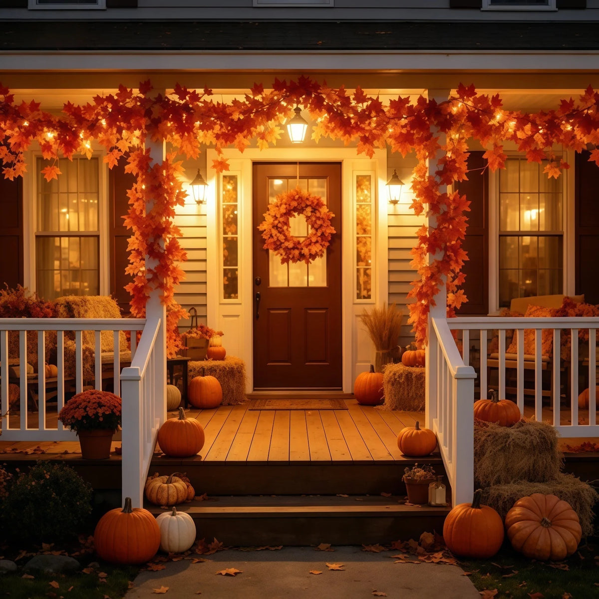An autumn porch decorated with a maple leaf vine garland and pumpkins on wooden steps.