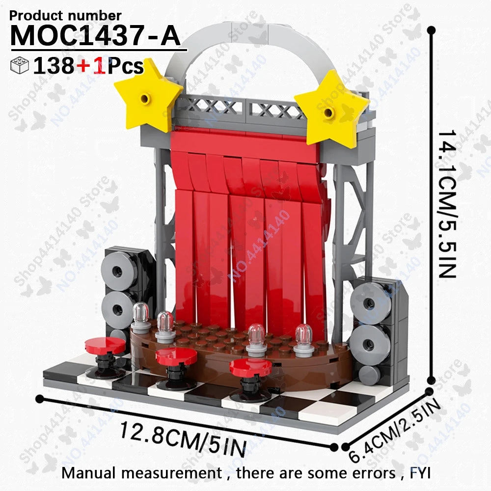 A red and gray building block set model of a Freddy Fazbear store facade with a yellow star sign.