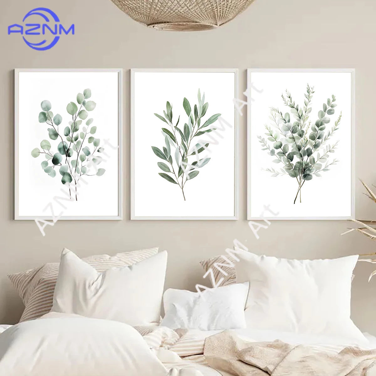 A set of three framed botanical leaf art prints featuring sage green foliage on white backgrounds.