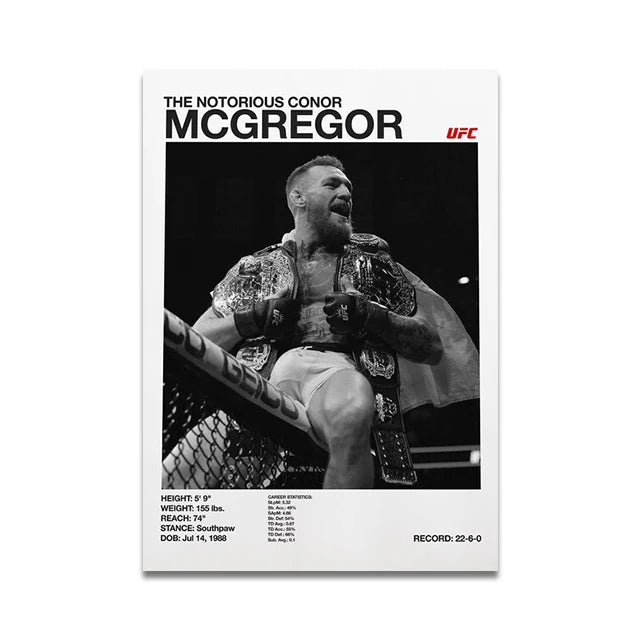 Schwarz-weißes Foto von Conor McGregor mit dem Text The Notorious McGregor UFC und Kampfstatistiken.