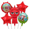 A set of red and green balloons shaped like stars and round balloons featuring various Sprunkies characters.