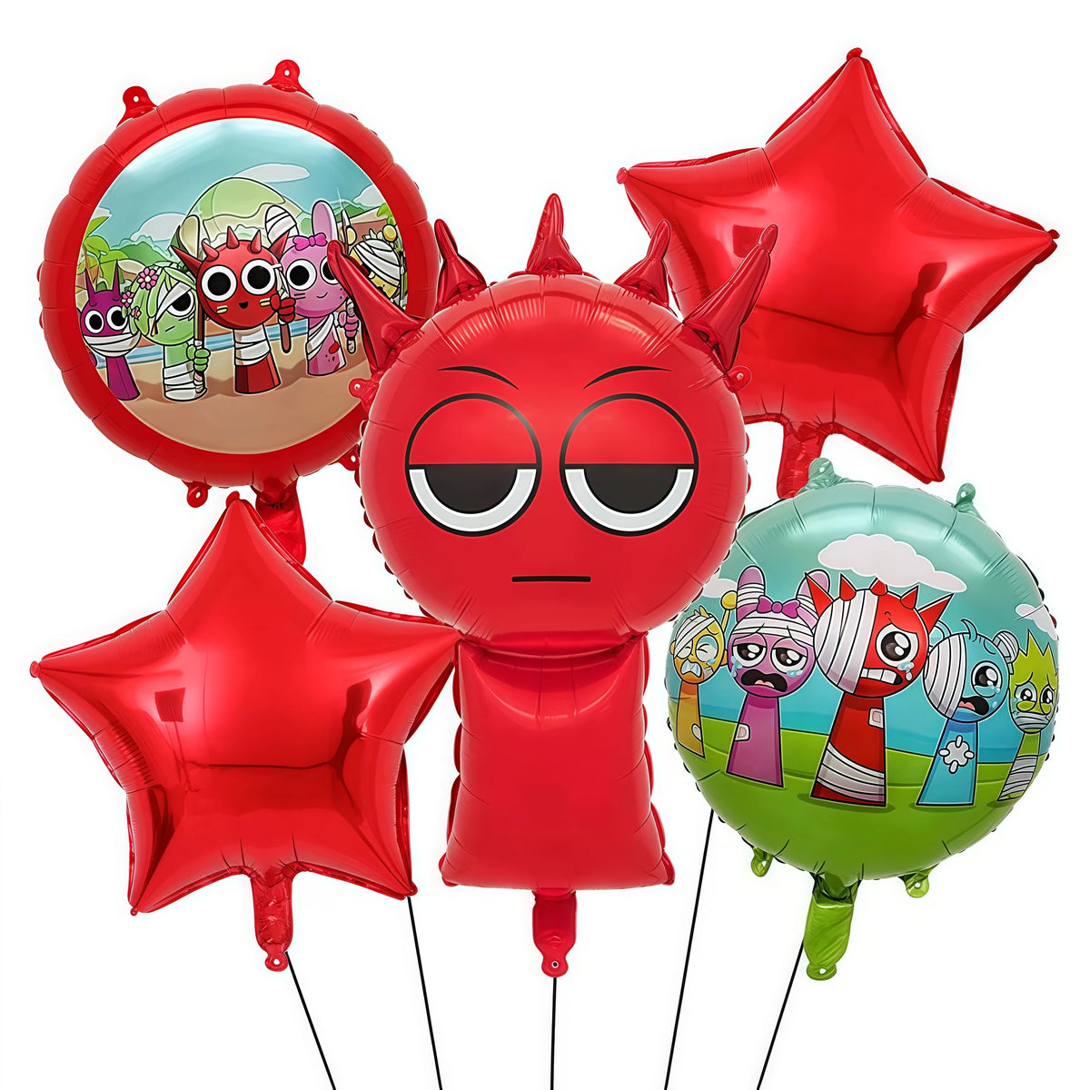 A set of red and green balloons shaped like stars and round balloons featuring various Sprunkies characters.