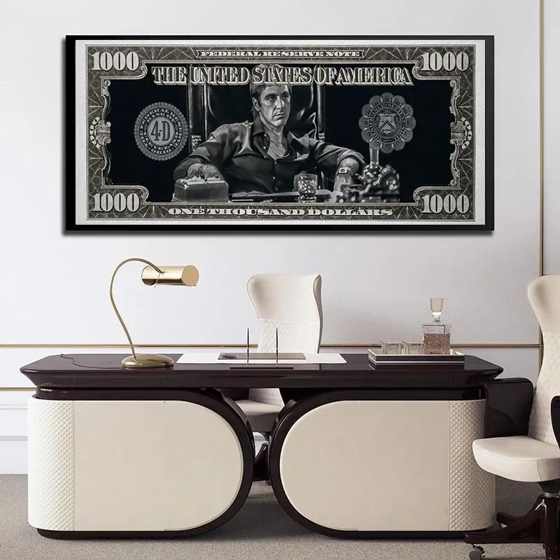 A framed canvas wall art featuring a historical note design with the text 1000 Federal Reserve Note and 1000 dollars.