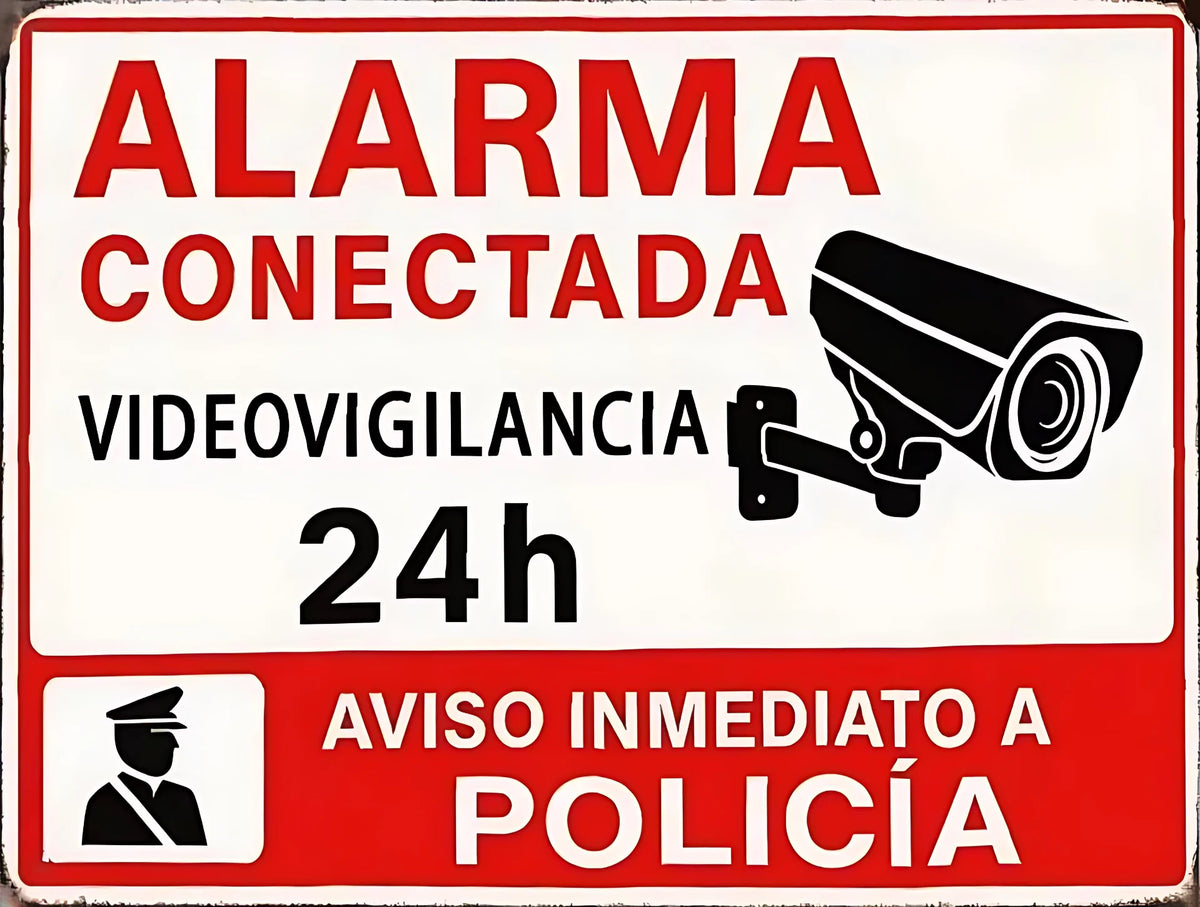 A red and white warning sign in Spanish indicating connected video surveillance 24h and immediate notification to the police.